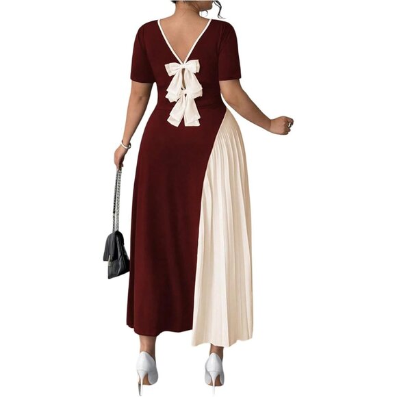Women's Plus Size Color Block Pleated Maxi Dress Short Sleeve Formal - Picture 1 of 5